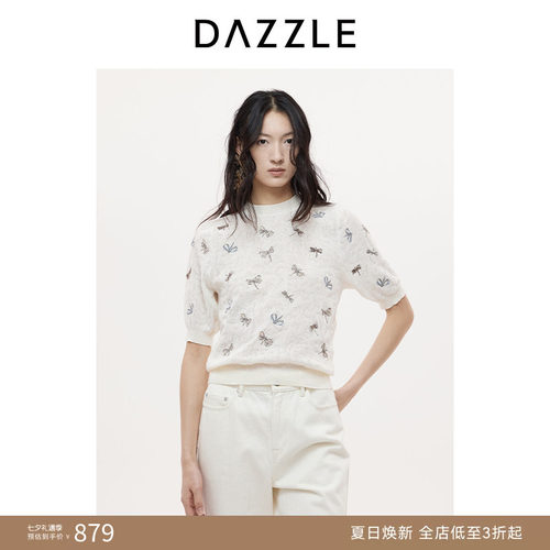 DAZZLE 地素奥莱毛衣25秋白色毛织短袖