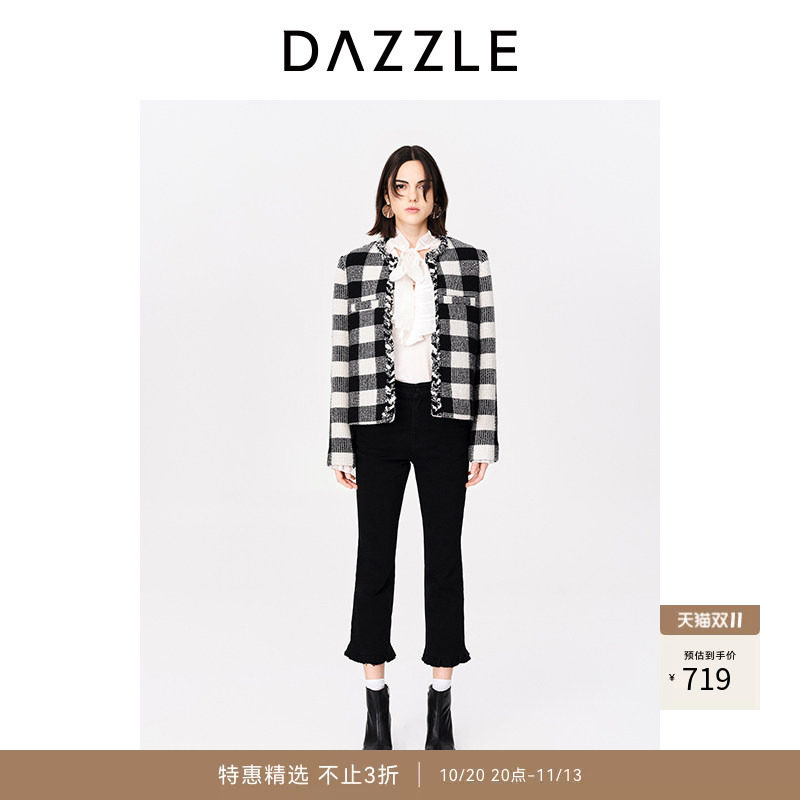 DAZZLE地素奥莱春复古法式黑白格纹箱型短款厚实毛呢外套大