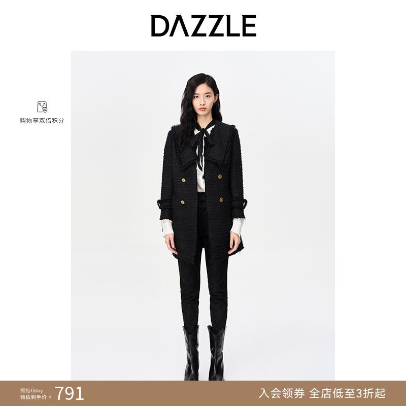 【奥莱专供】刘雯同款DAZZLE地素中长款粗花呢小香风外套大衣女