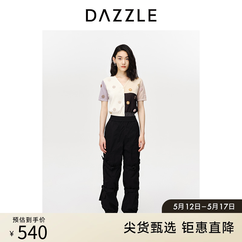 DAZZLE地素奥莱夏季法式小众刺绣拼接撞色短袖针织开衫外套女