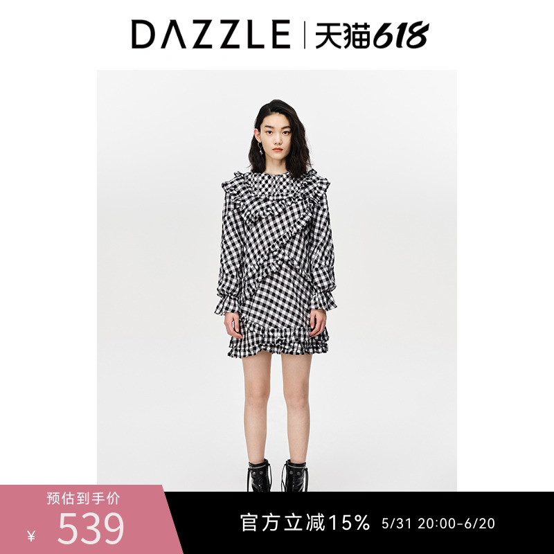 DAZZLE地素奥莱 甜美格纹荷叶边宽松休闲连衣裙女2D3O6113B 女装/女士精品 连衣裙 原图主图