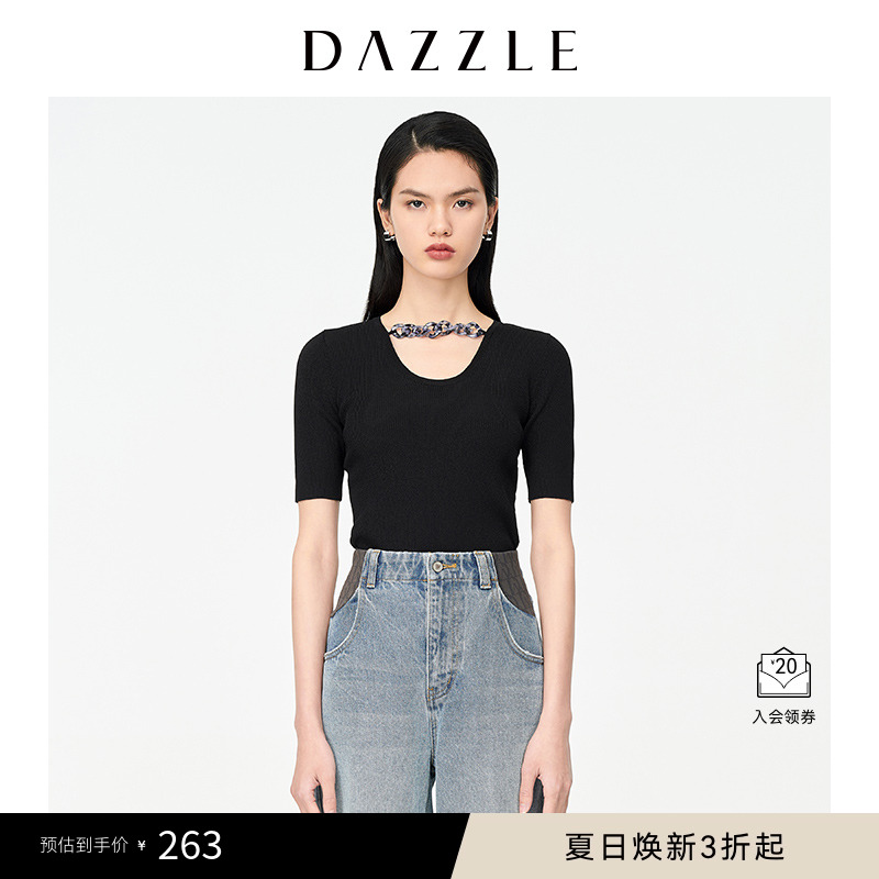 DAZZLE地素奥莱 小众大理石纹锁链针织衫短袖T恤女