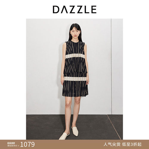 DAZZLE地素奥莱无袖连衣裙女夏季圆领设计感褶皱假两件式中裙