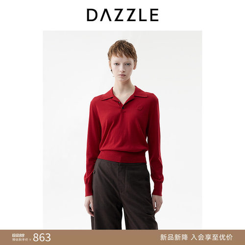 DAZZLE 地素奥莱毛衣2026年春季全羊毛红色毛织长袖上衣
