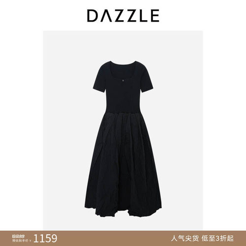 DAZZLE地素奥莱 连衣裙夏季黑色拼接长裙复古时髦小黑裙