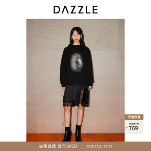 DAZZLE地素奥莱 连衣裙春秋女装猫咪印花蕾丝裙子