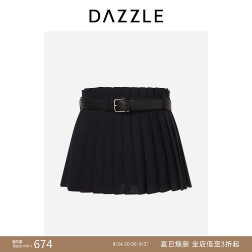 DAZZLE 地素奥莱裙夏季黑色绵羊毛混纺百褶裤裙短裙