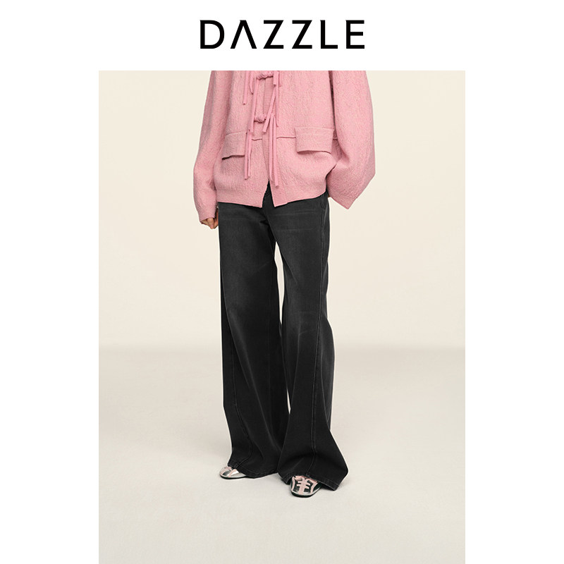 DAZZLE 地素奥莱牛仔裤女2026年春季新款棉混纺黑色牛仔阔腿裤图片