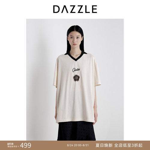 DAZZLE地素奥莱 25夏短袖拼接V领T恤休闲宽松球衣