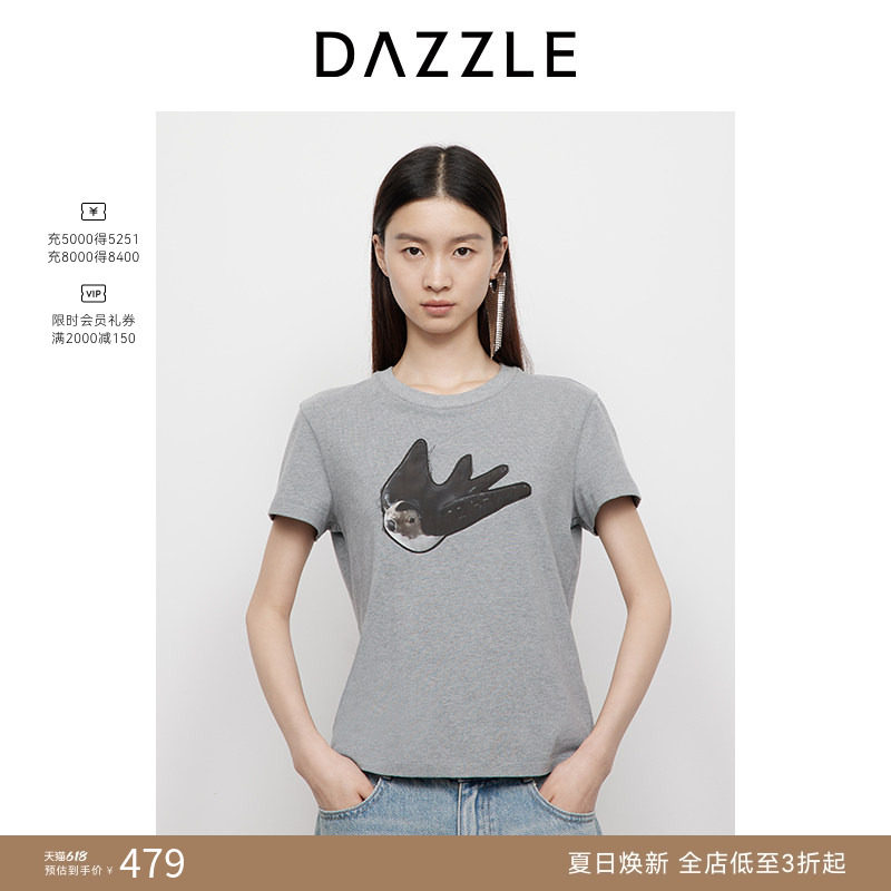 DAZZLE 地素奥莱短袖T恤2025年春季深灰色印花贴布燕子短袖T