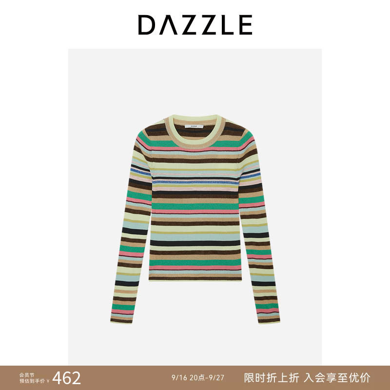 DAZZLE地素奥莱 复古时髦毛衣女彩色针织长袖夹条衫