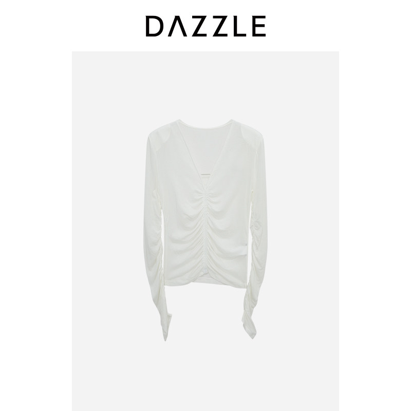 DAZZLE地素奥莱小上衣白色进口羊绒抽皱针织上衣图片