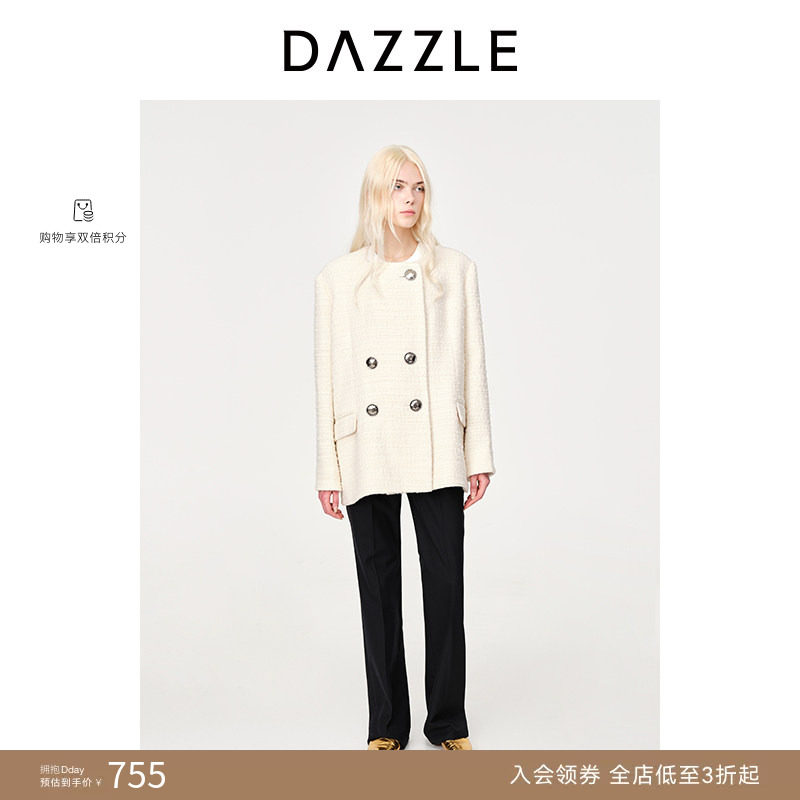 DAZZLE地素奥莱春夏白色直筒廓形粗花呢毛呢大衣外套