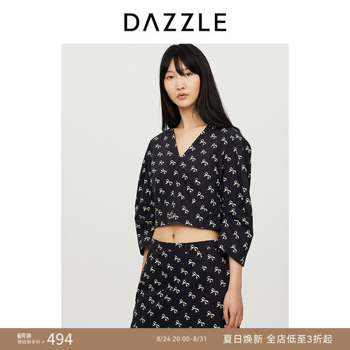 DAZZLE地素奥莱雪纺衫秋季满底印花蝴蝶结V领短款上衣