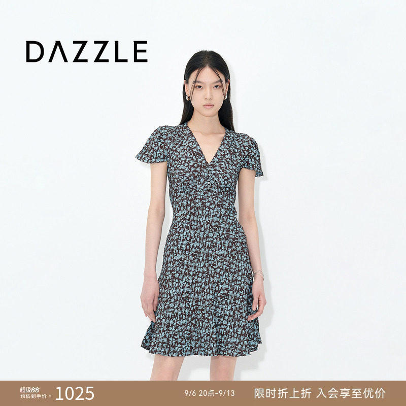 DAZZLE地素奥莱 连衣裙25夏海边度假蓝色收腰碎花连衣裙图片