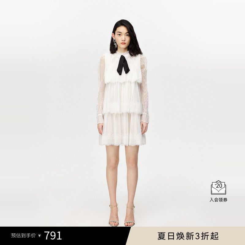 刘雯同款DAZZLE地素奥莱 蕾丝蝴蝶结长袖连衣裙 2D3O6037B
