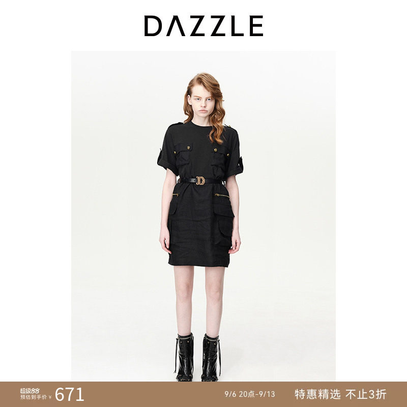 DAZZLE地素黑色拼接短袖连衣裙图片