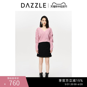 DAZZLE地素奥莱2023春季新款粉色浮雕logo提花镂空弹力袖毛针织衫