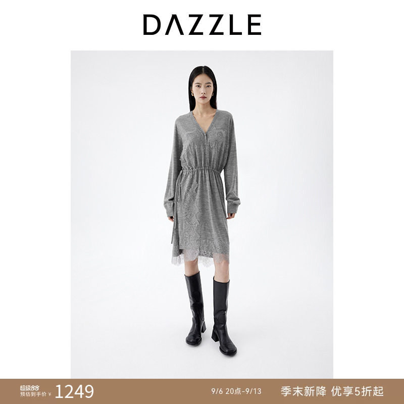 DAZZLE 地素奥莱毛衫连衣裙2025年春季深灰色针织拼蕾丝连衣图片