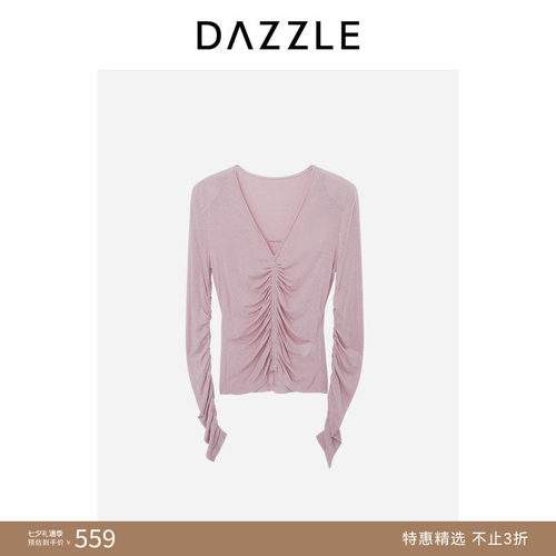 【人气尖货】DAZZLE地素奥莱小上衣粉红色进口羊绒抽皱针织上衣