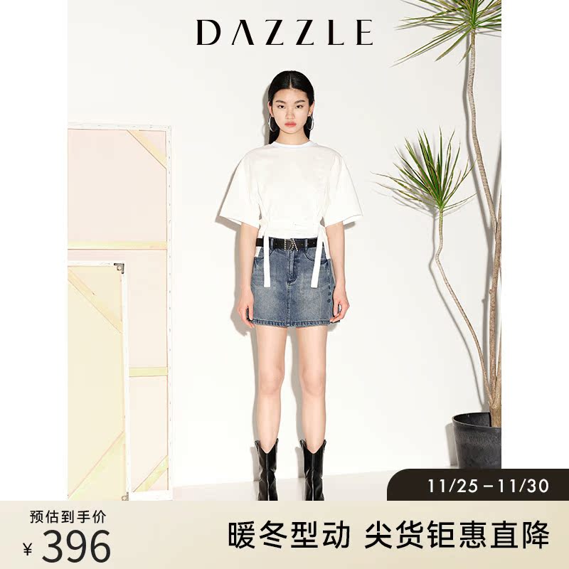 DAZZLE地素奥莱 春夏小众蓝色复古做旧磨白牛仔短裤女裤裙