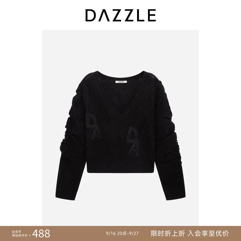 【奥莱专供】DAZZLE地素奥莱 V领毛衣女黑色短款针织套衫
