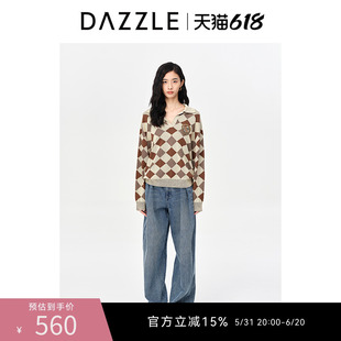 DAZZLE地素奥莱秋学院风菱格polo领慵懒千金针织毛衣上衣女