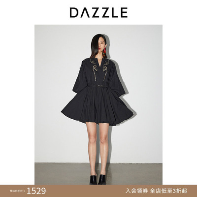 DAZZLE地素奥莱 连衣裙春秋女装深V镂空刺绣短裙