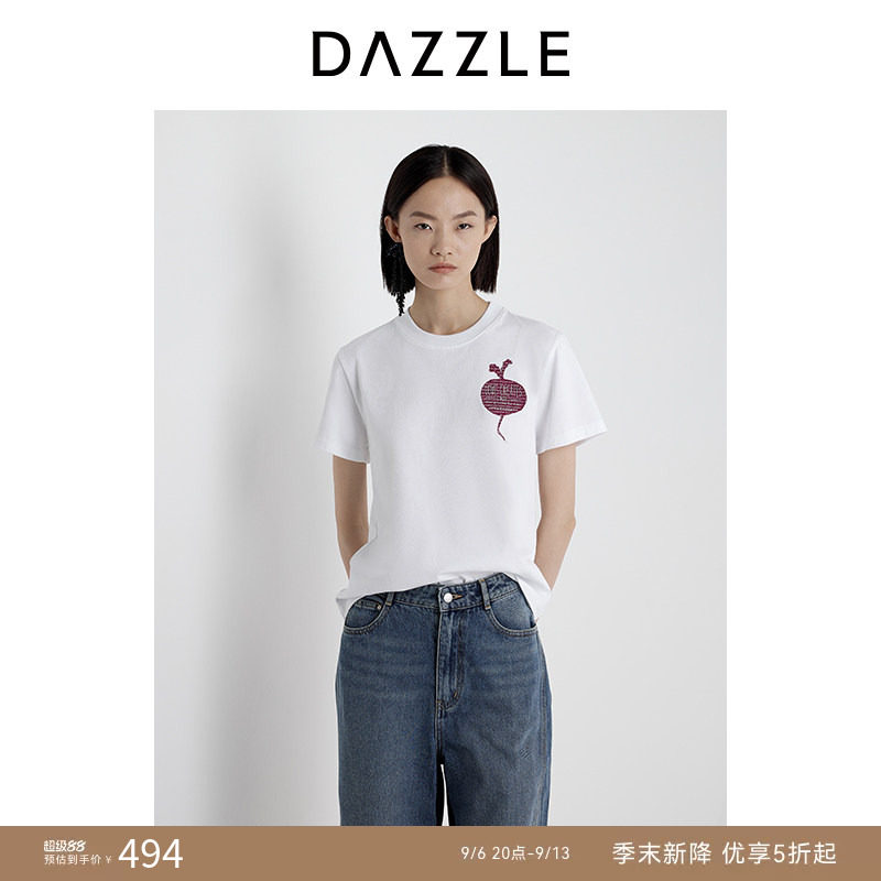 DAZZLE 地素奥莱短袖T恤2025年夏季白色蔬菜刺绣小T恤图片