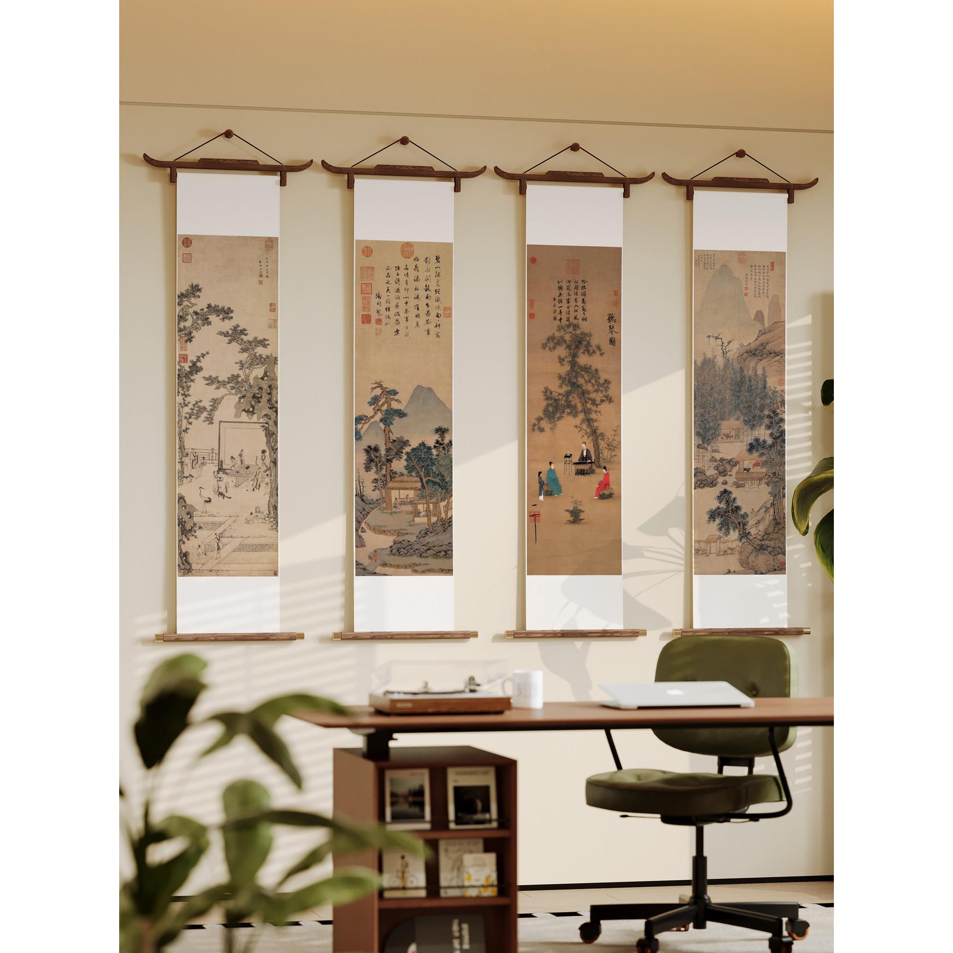 宋式飞檐卷轴 听琴图宋代美学新中式挂画茶室客厅四联条屏装饰画