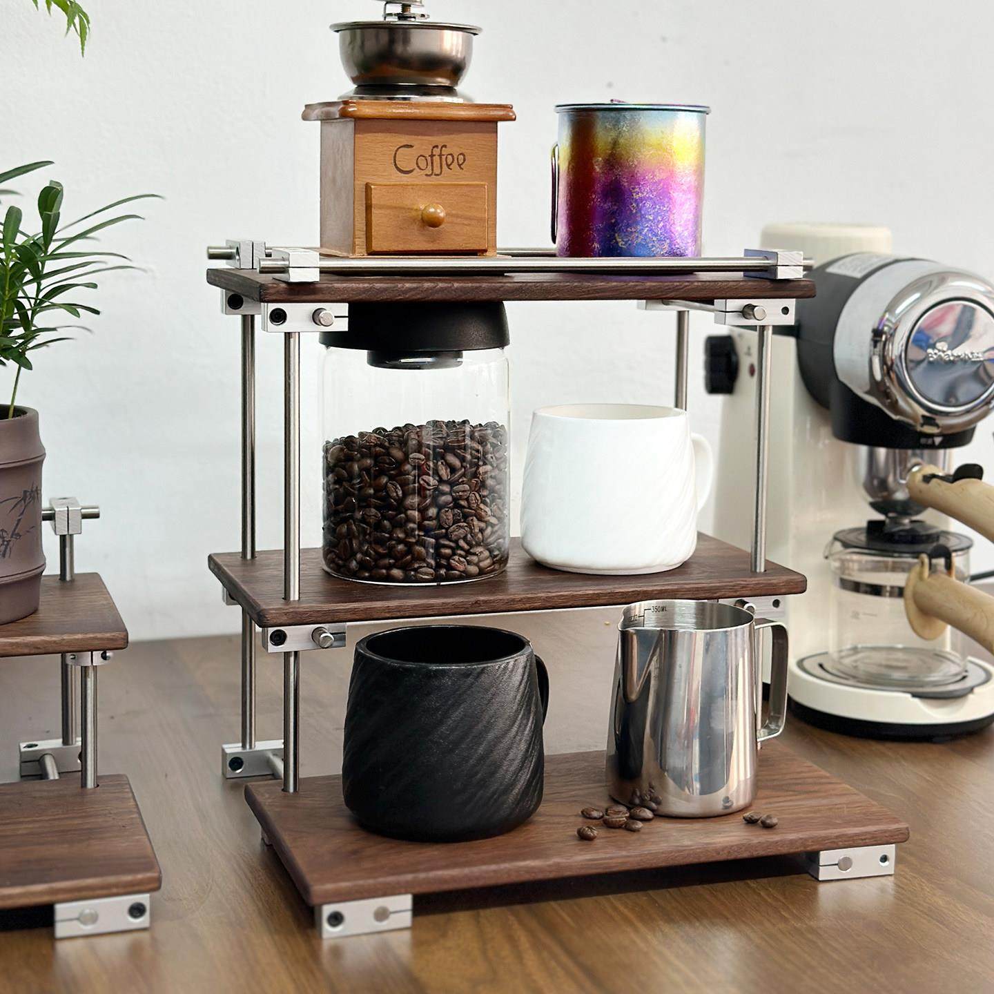 北美黑胡桃木光轴阶梯多层桌面收纳置物架实木展示架咖啡杯子香水