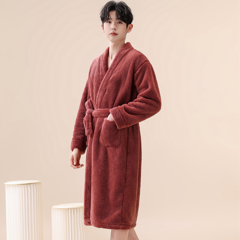珊瑚绒睡衣男士秋冬加厚双面加绒保暖吸水浴袍法兰绒中长款家居服