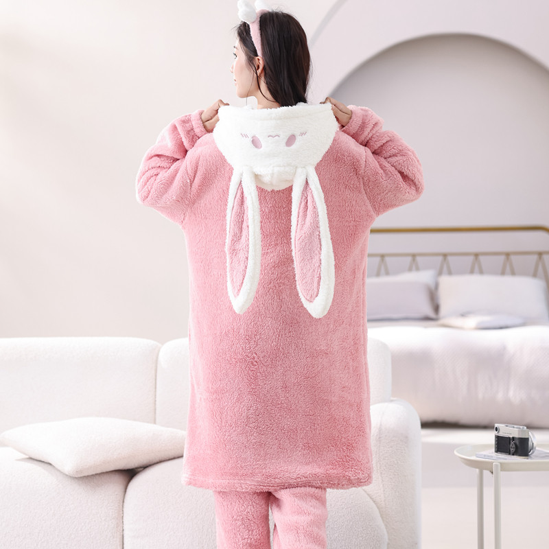 麦淑茵加厚珊瑚绒中长款睡袍