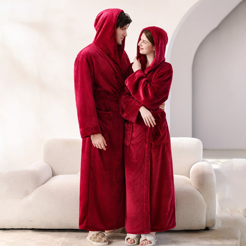 加长版睡袍到脚踝情侣浴袍法兰绒秋冬晨袍女连帽宽松睡衣男珊瑚绒
