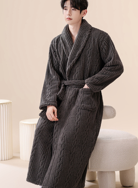男士睡袍珊瑚绒长款加厚大码睡衣秋冬季浴袍保暖法兰绒长袍家居服