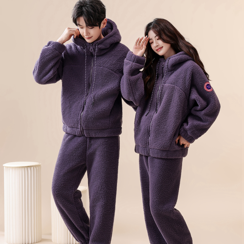 可外穿冬款睡衣抗寒保暖双层复合绒女连帽摇粒绒外套男情侣家居服
