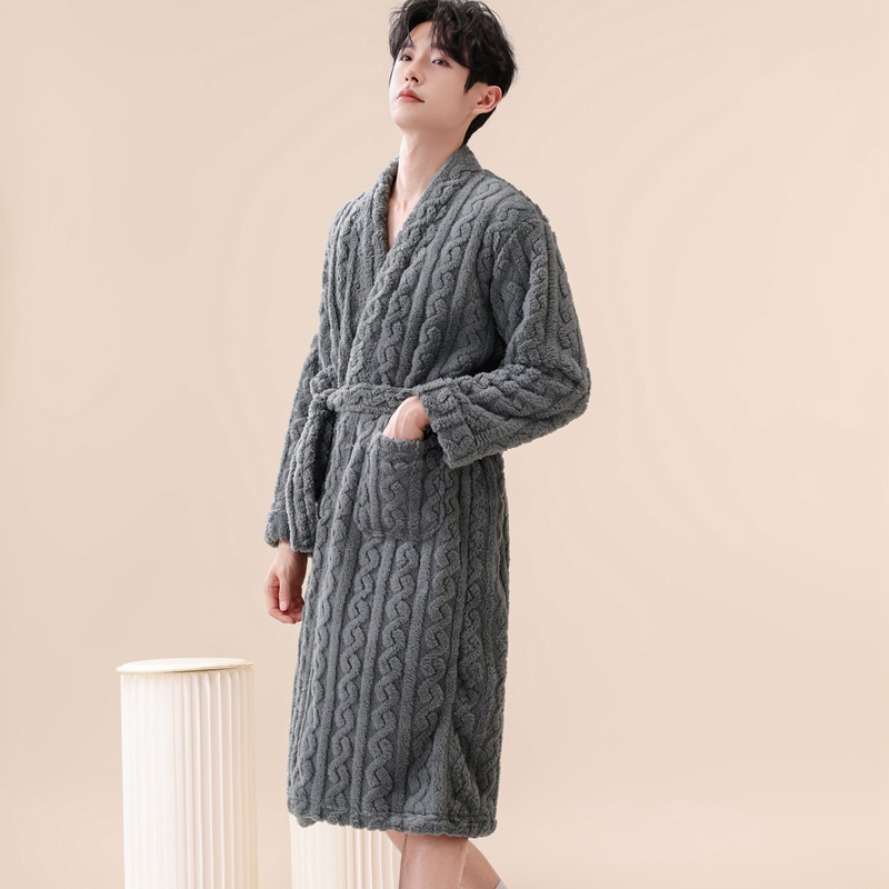 男士睡袍加厚加绒珊瑚绒大码简约秋冬季浴袍性感法兰绒中长款睡衣