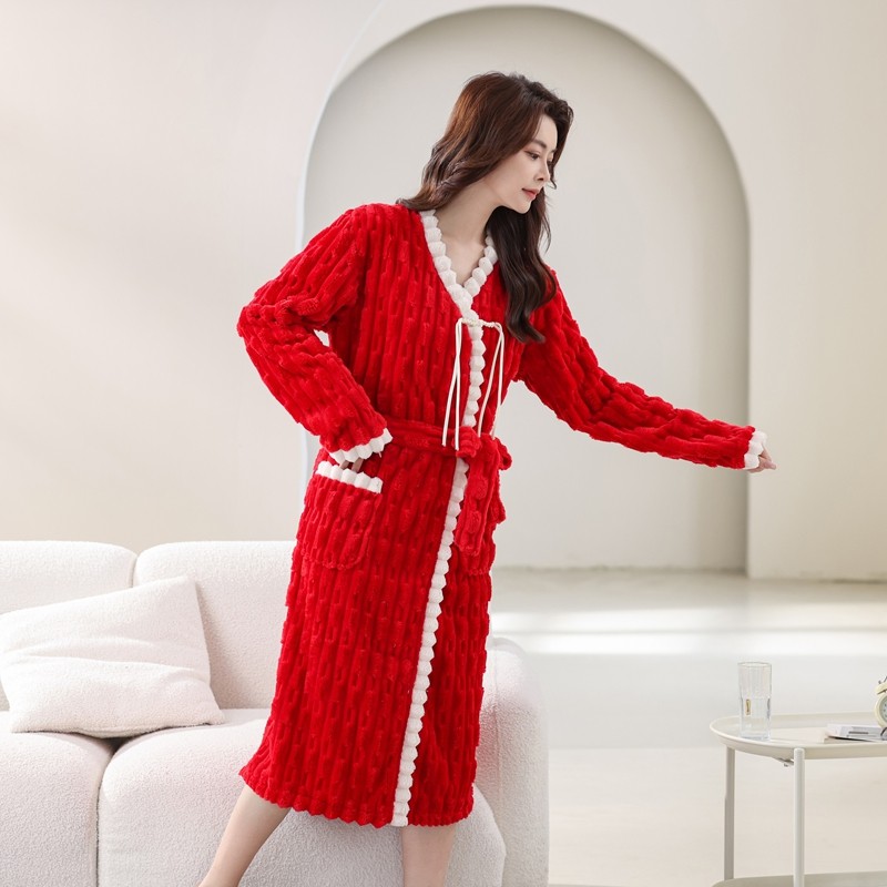 睡袍女冬季加绒加厚长款新中式珊瑚绒睡衣国风春秋大码法兰绒浴袍