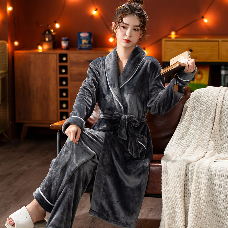 浴袍女冬长款睡袍两件套保暖裤子套装珊瑚绒睡衣加厚法兰绒浴衣秋