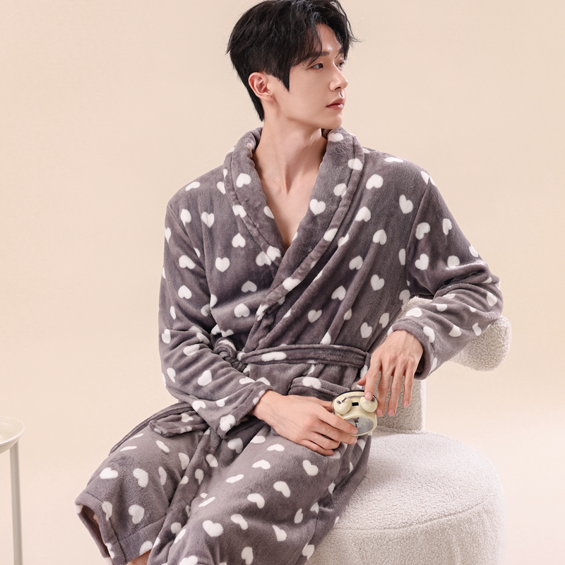 秋冬季法兰绒情侣睡袍男士浴袍珊瑚绒加厚长袖睡衣家居服浴衣