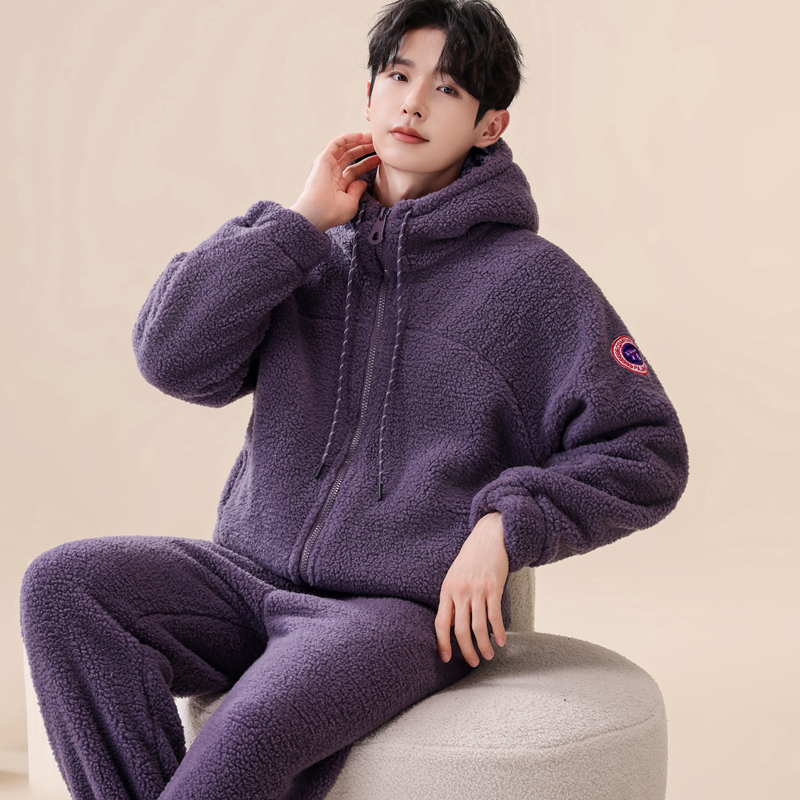 双层复合超厚睡衣男大码加绒加厚秋冬款拉链连帽外套可外穿家居服