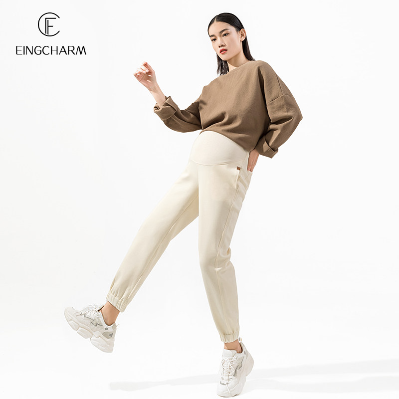 孕妇裤子春款运动裤外穿休闲束脚宽松大码卫裤春季九分托腹休闲裤