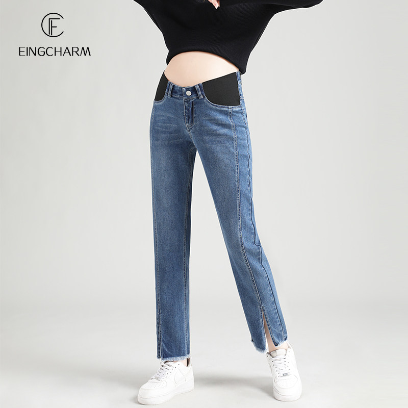 孕妇牛仔裤春款时尚开叉直筒裤九分宽松大码春天外穿托腹休闲长裤