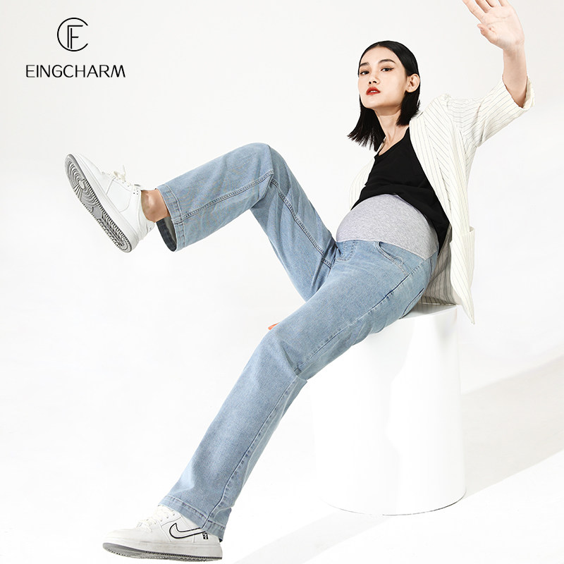 孕妇裤子春款外穿直筒阔腿裤牛仔裤外穿大码托腹拖地裤时尚女春装