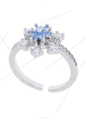 源头新款代发开口戒指镶嵌蓝色白色锆石可转动雪花指环饰品送女士