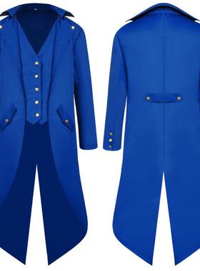 欧美外贸复古男士纯色长袖礼服纽扣不规则中世纪燕尾服