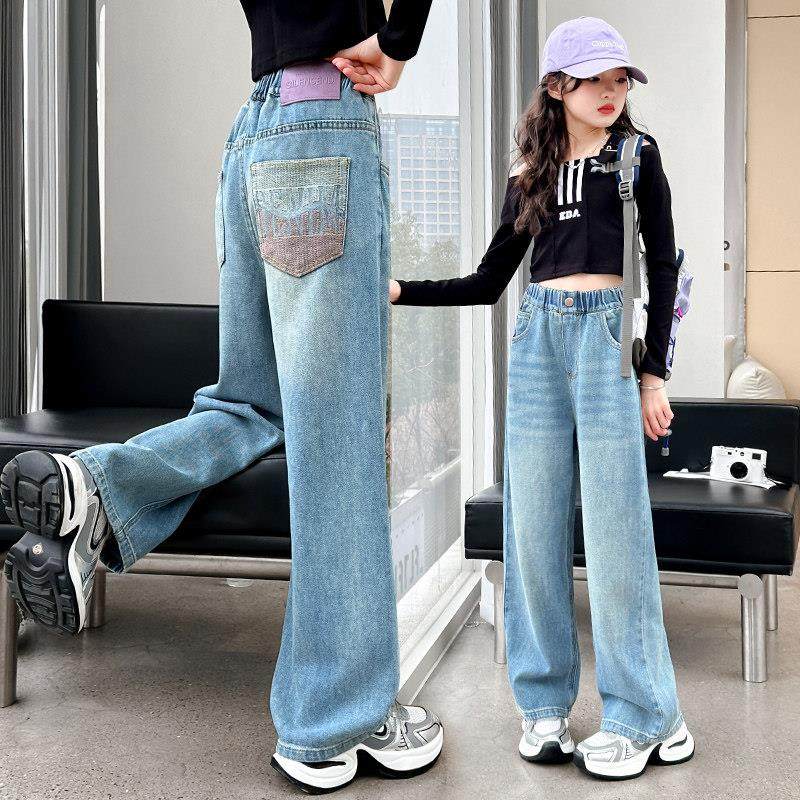 女童裤子春秋款2025新款女大童洋气窄版阔腿裤秋季儿童直筒牛仔裤