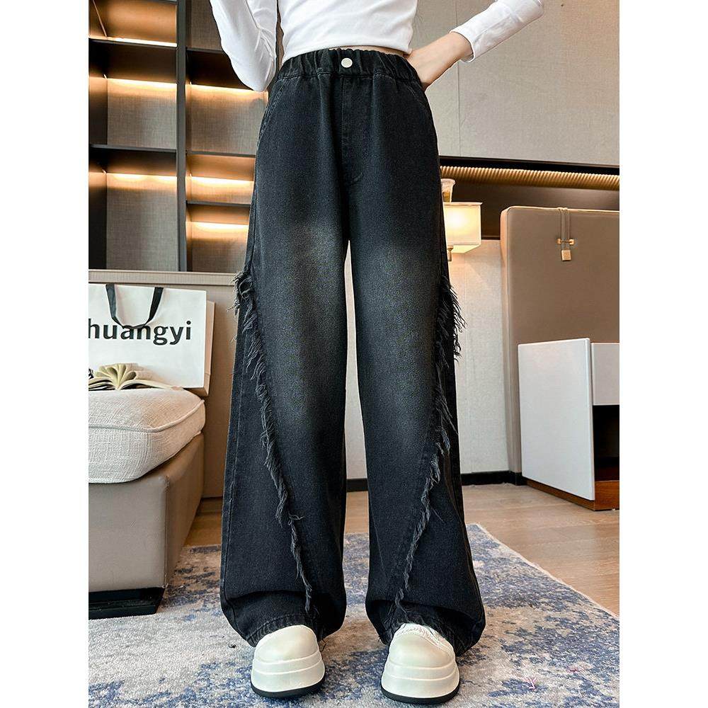 女童牛仔裤2025新款春秋季洋气儿童裤子女孩黑色宽松阔腿裤中大童