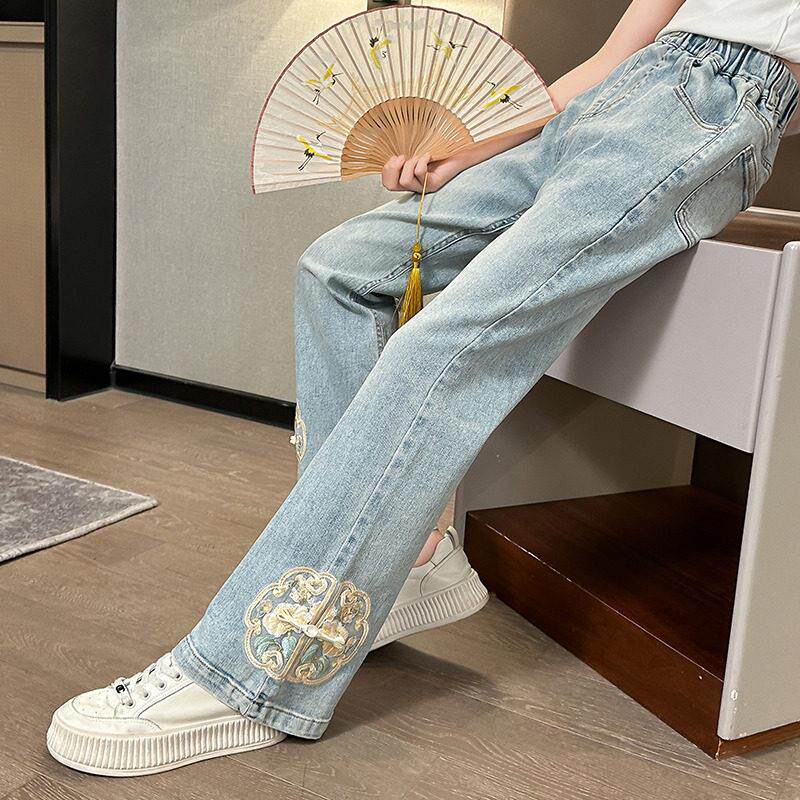 女童牛仔裤2025新款春夏装女大童国风刺绣洋气喇叭裤儿童夏季裤子