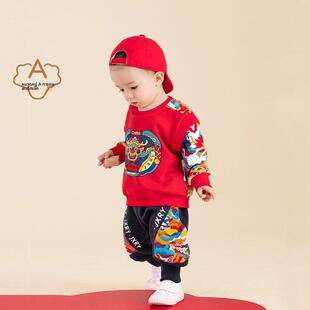 宝宝新款春秋套装运动卫衣两件套婴儿衣服洋气男童红色中国风礼服